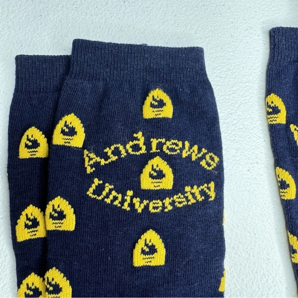 Andrews University Over The Calf Crew Socks Size M Navy Yellow 2 Pairs NWOT‎